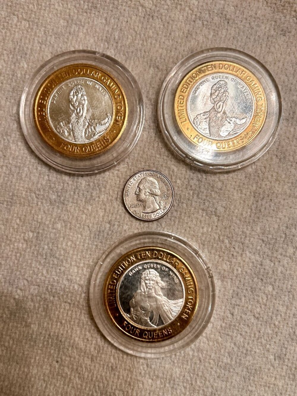 Lot of 3 Four Queens Las Vegas $10 Silver Strike Tokens Daphne Water & Dawn Wind